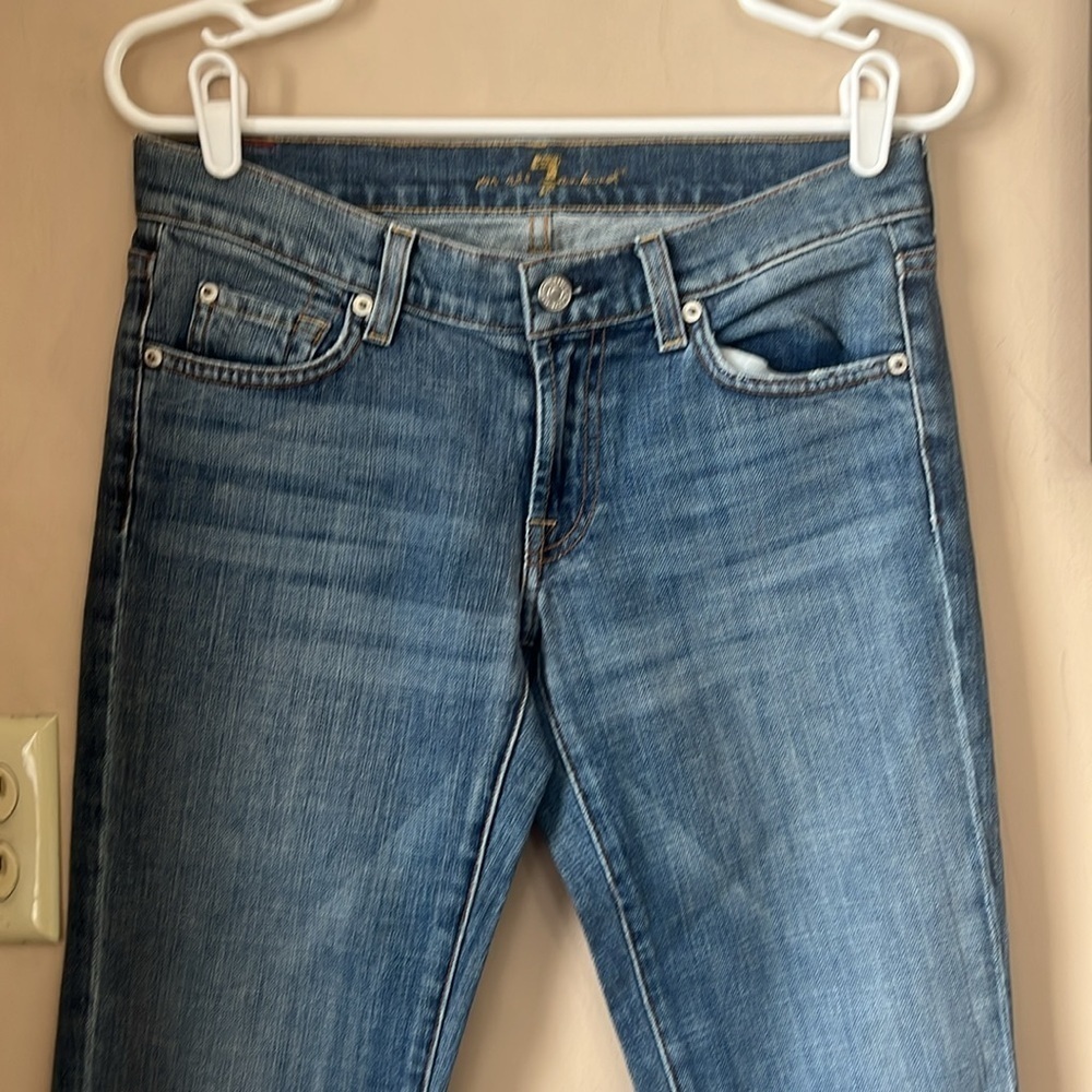 7FAM Blue Distressed Denim Lowrise Bootcut Jean Size 27 Y2K - Picture 3 of 10